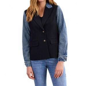NEW FDJ mixed media long sleeve blazer in blue jean/black